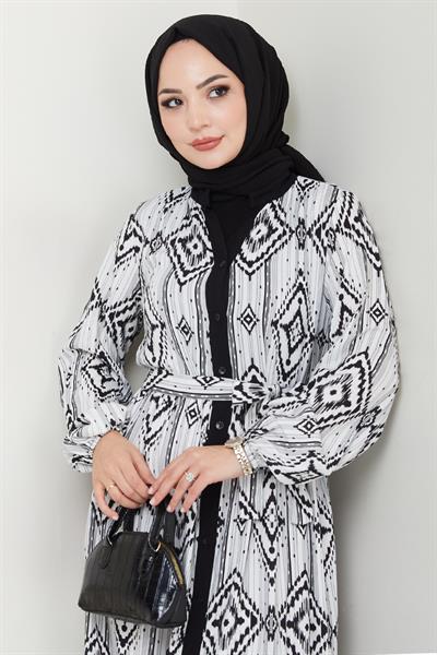 Ebruli Geometrik Desen Siyah Viskon Elbise