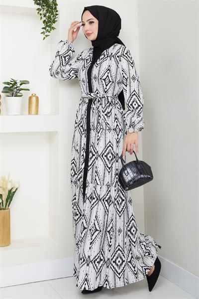 Ebruli Geometrik Desen Siyah Viskon Elbise
