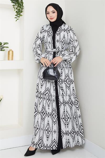 Ebruli Geometrik Desen Siyah Viskon Elbise