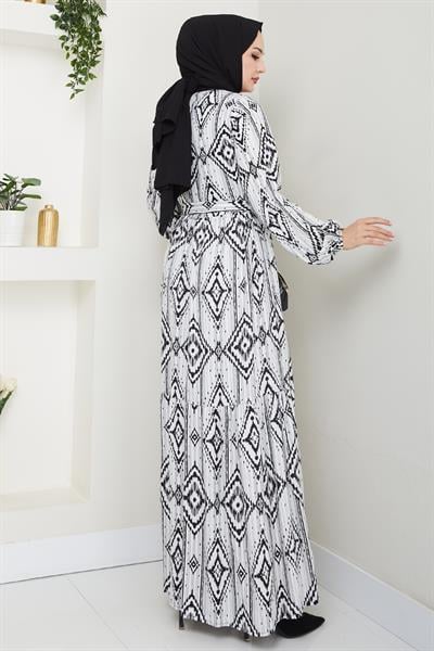 Ebruli Geometrik Desen Siyah Viskon Elbise