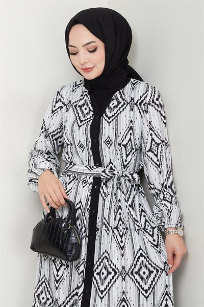Ebruli Geometrik Desen Siyah Viskon Elbise