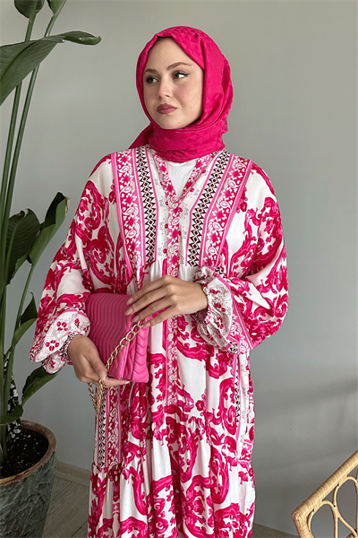 Ebruli Salaş Fuşya Viskon Elbise