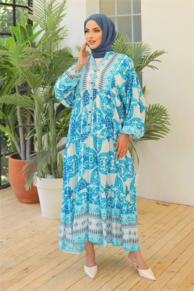 Ebruli Salaş Turkuaz Viskon Elbise