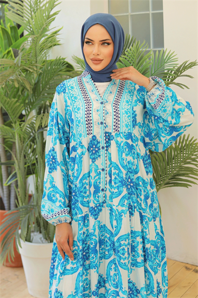 Ebruli Salaş Turkuaz Viskon Elbise