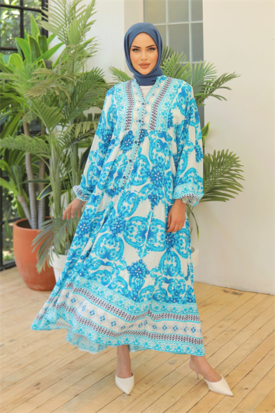 Ebruli Salaş Turkuaz Viskon Elbise