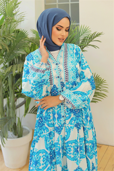 Ebruli Salaş Turkuaz Viskon Elbise