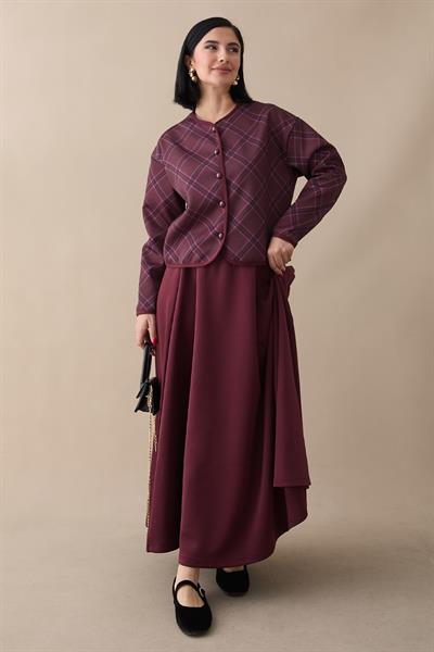 Ekose Desen Ceket Etek Bordo Takım