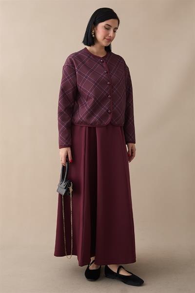 Ekose Desen Ceket Etek Bordo Takım
