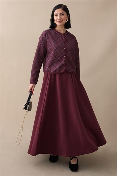 Ekose Desen Ceket Etek Bordo Takım