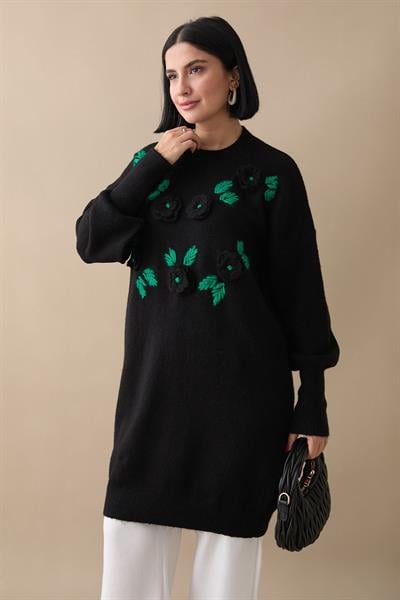 El İşi Detaylı Siyah Kazak