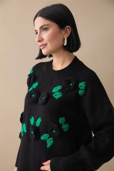 El İşi Detaylı Siyah Kazak