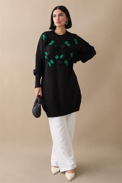 El İşi Detaylı Siyah Kazak