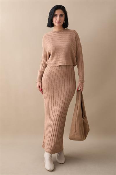 Elbiseli Kısa Kazak Camel Triko Takım