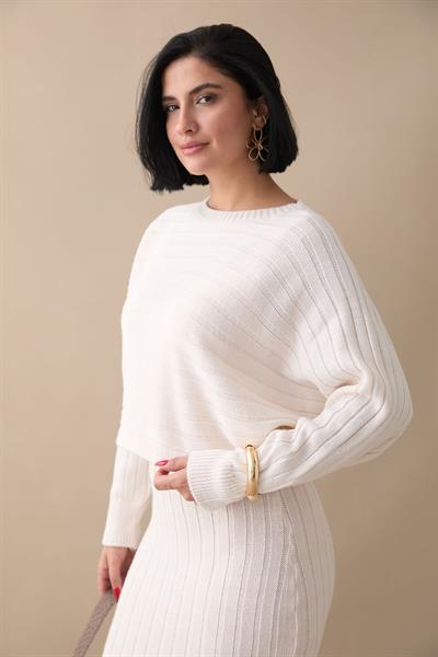 Elbiseli Kısa Kazak Ekru Triko Takım