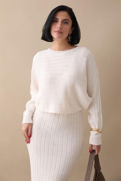 Elbiseli Kısa Kazak Ekru Triko Takım