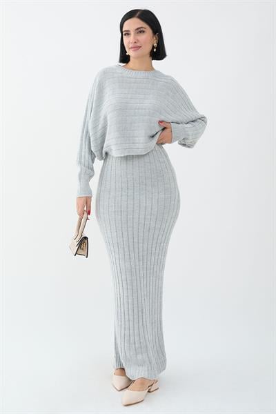 Elbiseli Kısa Kazak Gri Triko Takım