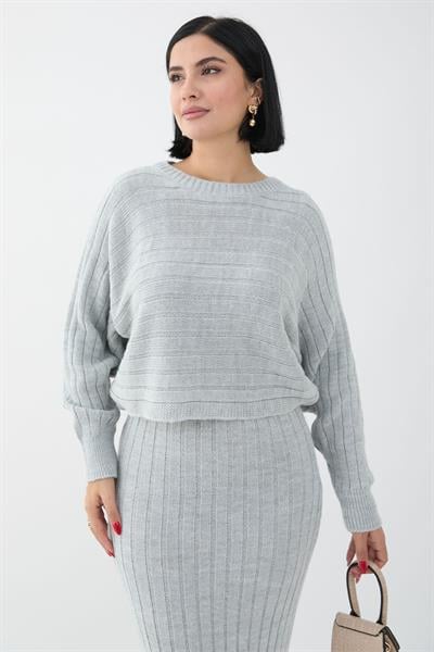 Elbiseli Kısa Kazak Gri Triko Takım