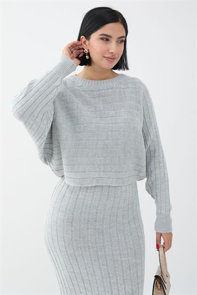 Elbiseli Kısa Kazak Gri Triko Takım