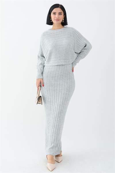 Elbiseli Kısa Kazak Gri Triko Takım