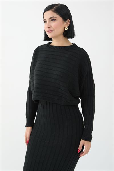 Elbiseli Kısa Kazak Siyah Triko Takım