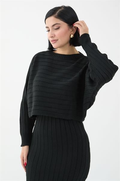 Elbiseli Kısa Kazak Siyah Triko Takım