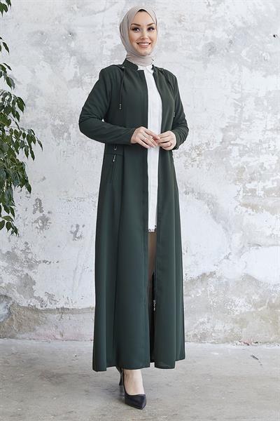 Elena Beli Detay Kapüşonlu Haki Ferace