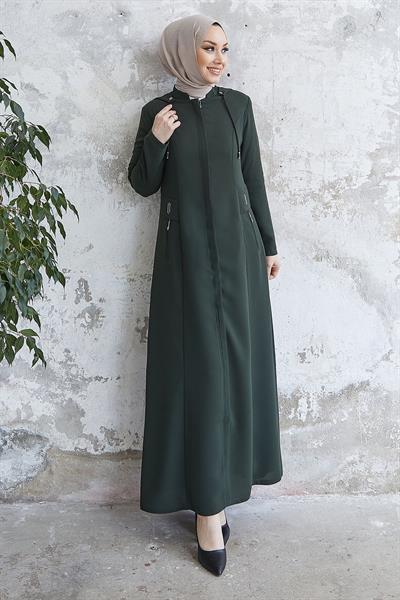 Elena Beli Detay Kapüşonlu Haki Ferace