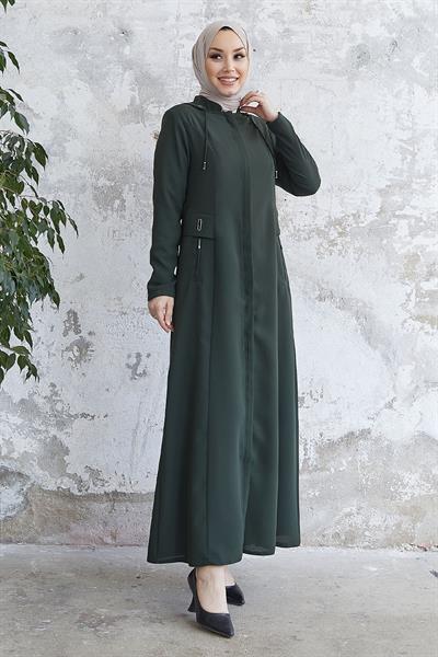 Elena Beli Detay Kapüşonlu Haki Ferace