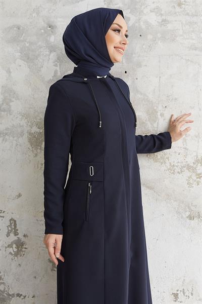 Elena Beli Detay Kapüşonlu Lacivert Ferace