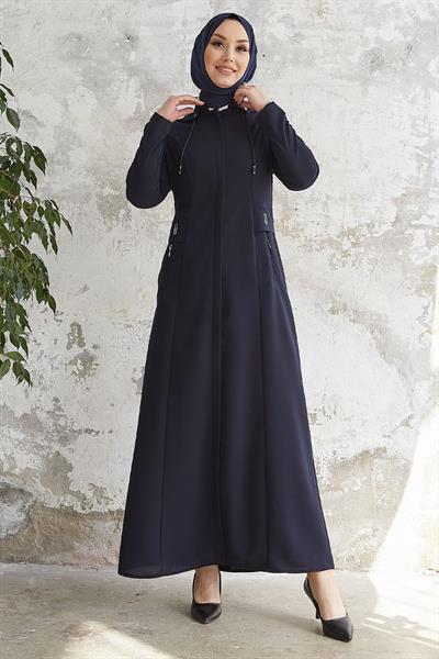 Elena Beli Detay Kapüşonlu Lacivert Ferace