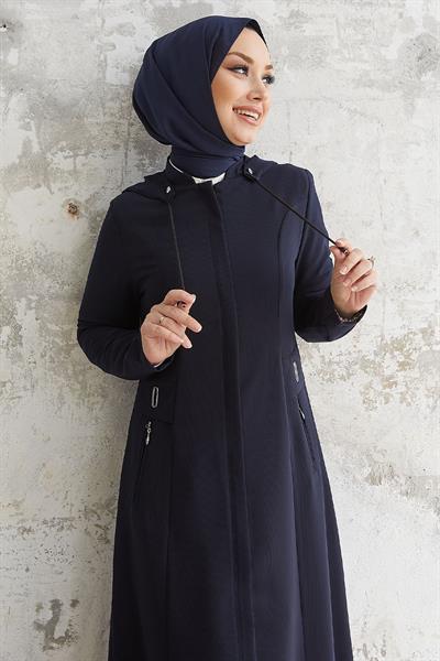 Elena Beli Detay Kapüşonlu Lacivert Ferace
