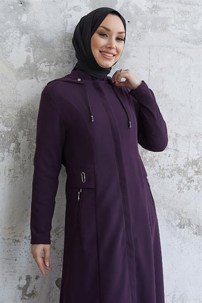 Elena Beli Detay Kapüşonlu Mürdüm Ferace