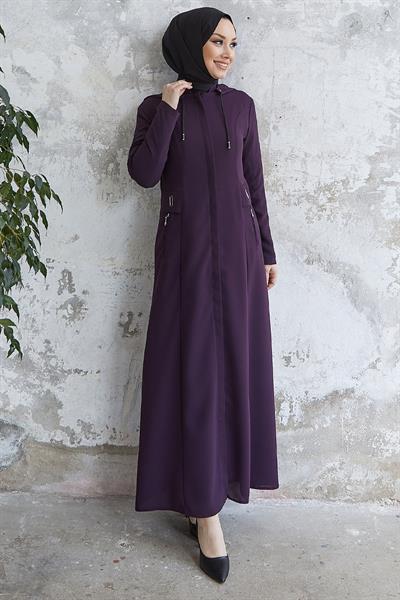 Elena Beli Detay Kapüşonlu Mürdüm Ferace