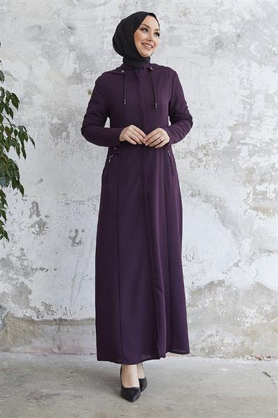 Elena Beli Detay Kapüşonlu Mürdüm Ferace