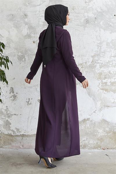 Elena Beli Detay Kapüşonlu Mürdüm Ferace