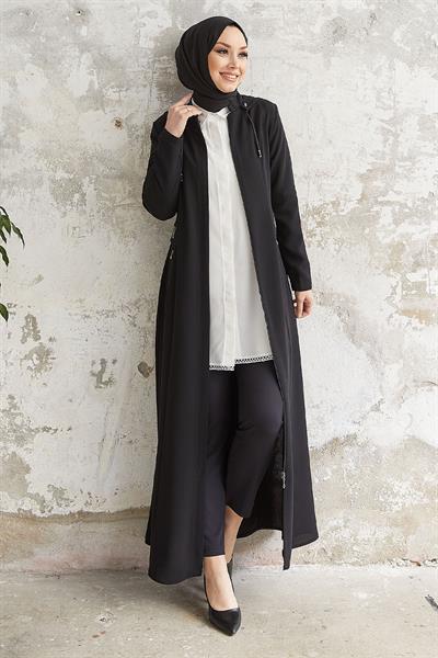 Elena Beli Detay Kapüşonlu Siyah Ferace