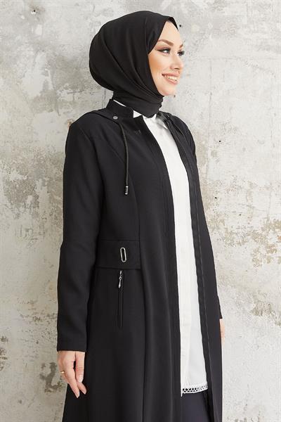 Elena Beli Detay Kapüşonlu Siyah Ferace