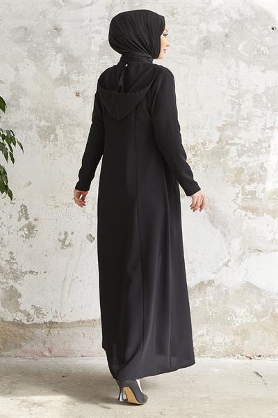 Elena Beli Detay Kapüşonlu Siyah Ferace