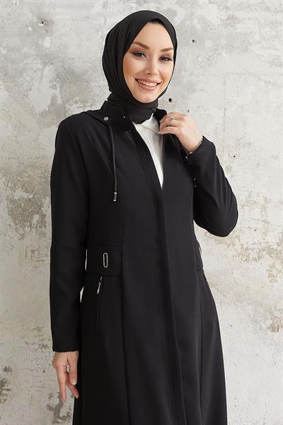 Elena Beli Detay Kapüşonlu Siyah Ferace