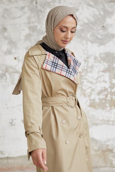 Eleta Kruvaze Yaka Ekoseli Trençkot - Bej