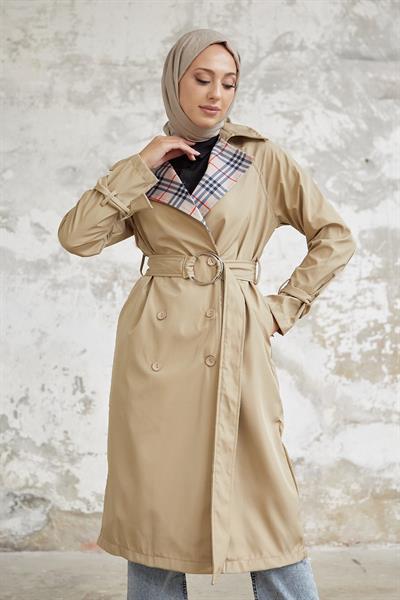 Eleta Kruvaze Yaka Ekoseli Trençkot - Bej