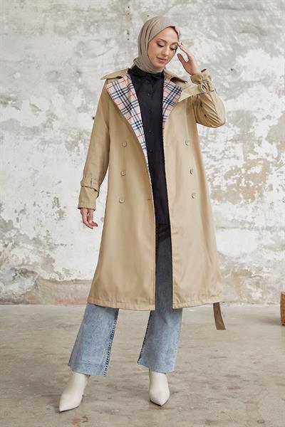 Eleta Kruvaze Yaka Ekoseli Trençkot - Bej