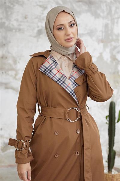 Eleta Kruvaze Yaka Ekoseli Trençkot - Taba