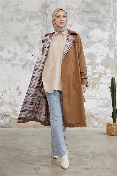 Eleta Kruvaze Yaka Ekoseli Trençkot - Taba