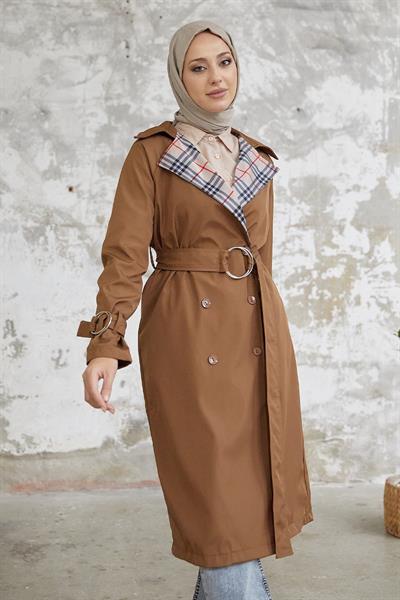 Eleta Kruvaze Yaka Ekoseli Trençkot - Taba