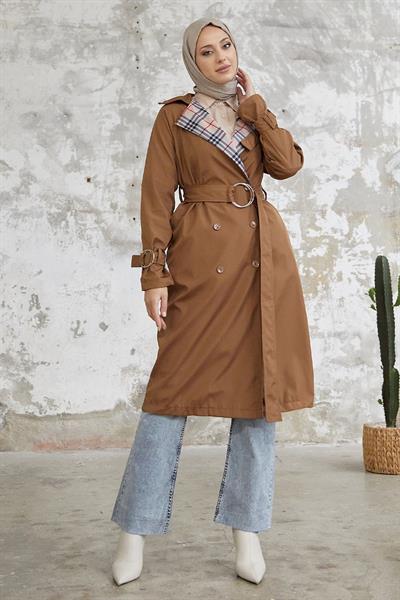 Eleta Kruvaze Yaka Ekoseli Trençkot - Taba