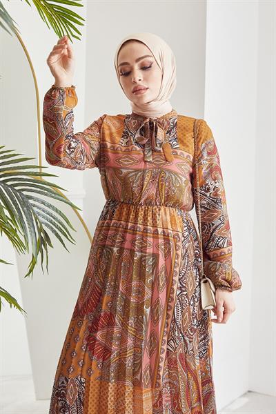 Elinor Şal Desen Piliseli Hardal Şifon Elbise