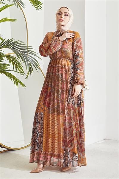 Elinor Şal Desen Piliseli Hardal Şifon Elbise