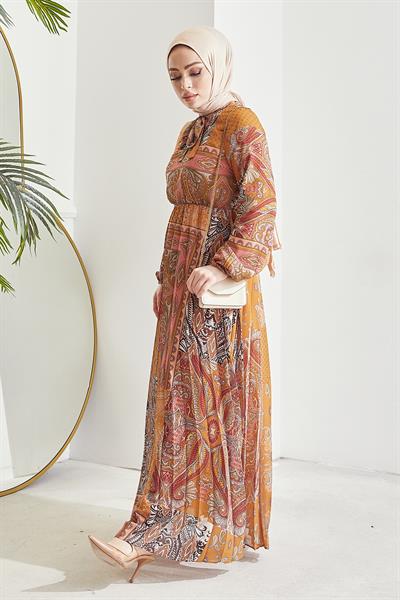 Elinor Şal Desen Piliseli Hardal Şifon Elbise