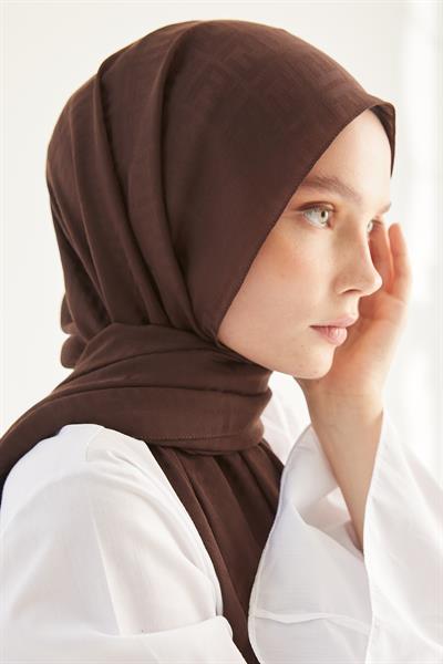 Elle F Desen Jakarlı Pamuklu Şal - Acı Kahve